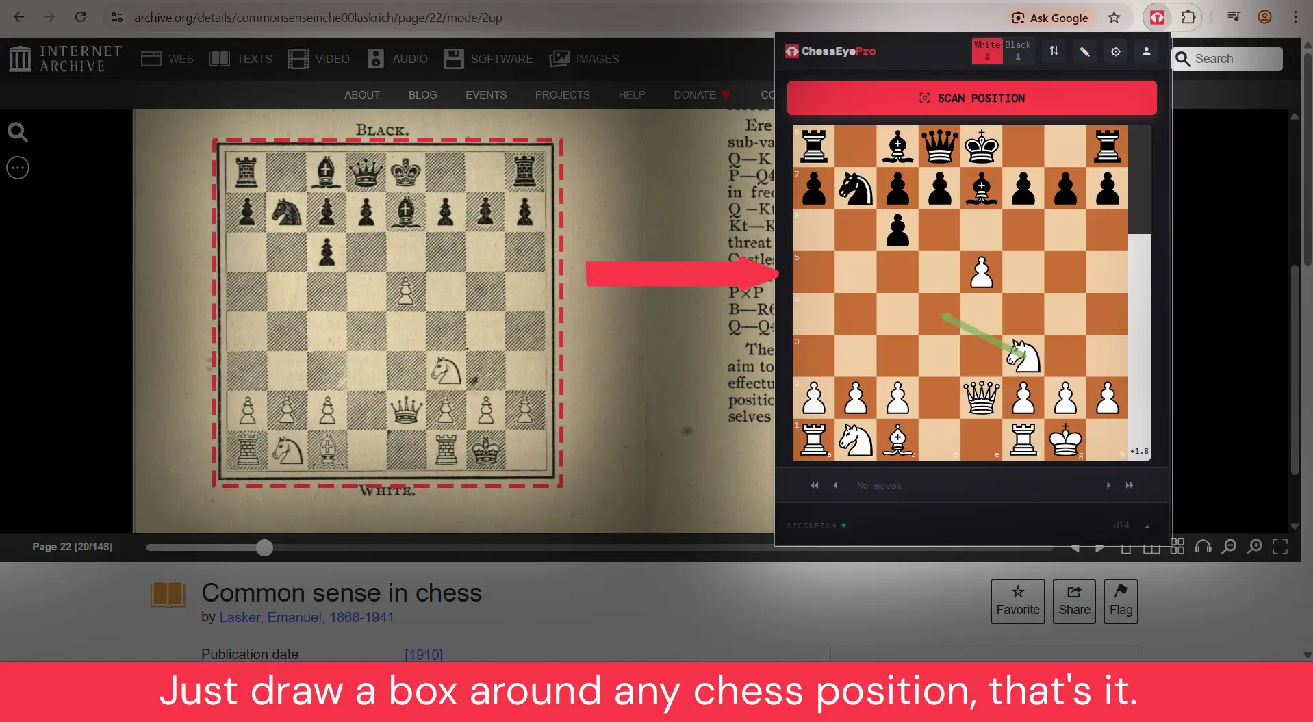 ChessRadarPro scanning a chess position from an old book